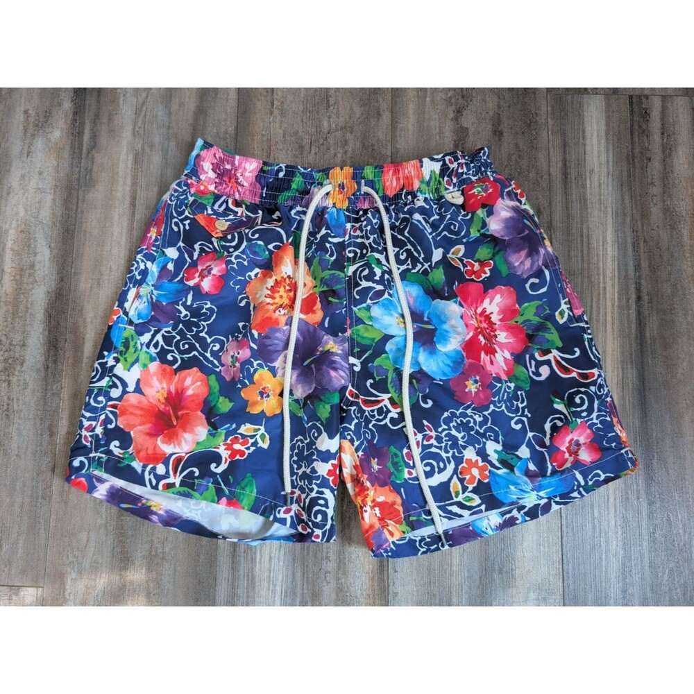 VTG Polo Ralph Lauren Men Medium Hawaiian Tropical Floral Lined Swim Trunks Pony